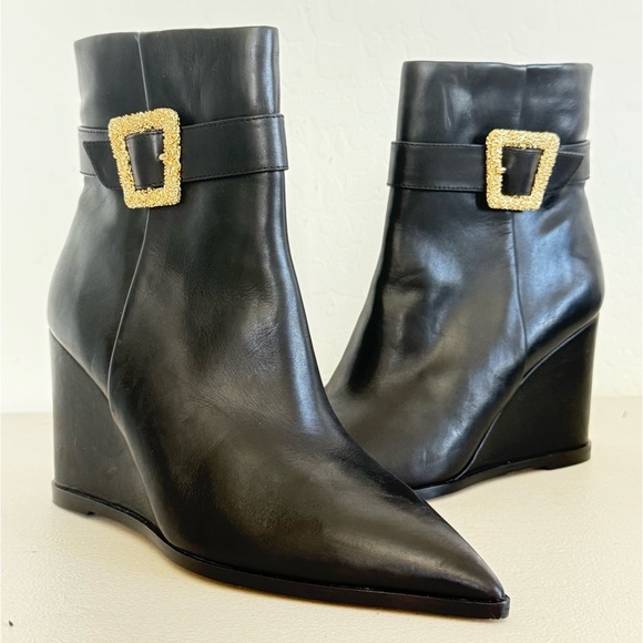 NEW Sam Edelman Weslie Buckled Black Leather Wedge Booties Women’s Size 9
